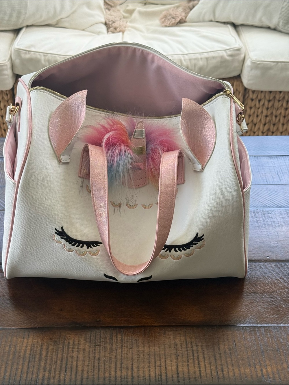 Under One Sky White and Pink Unicorn Satchel with Rainbow Pom